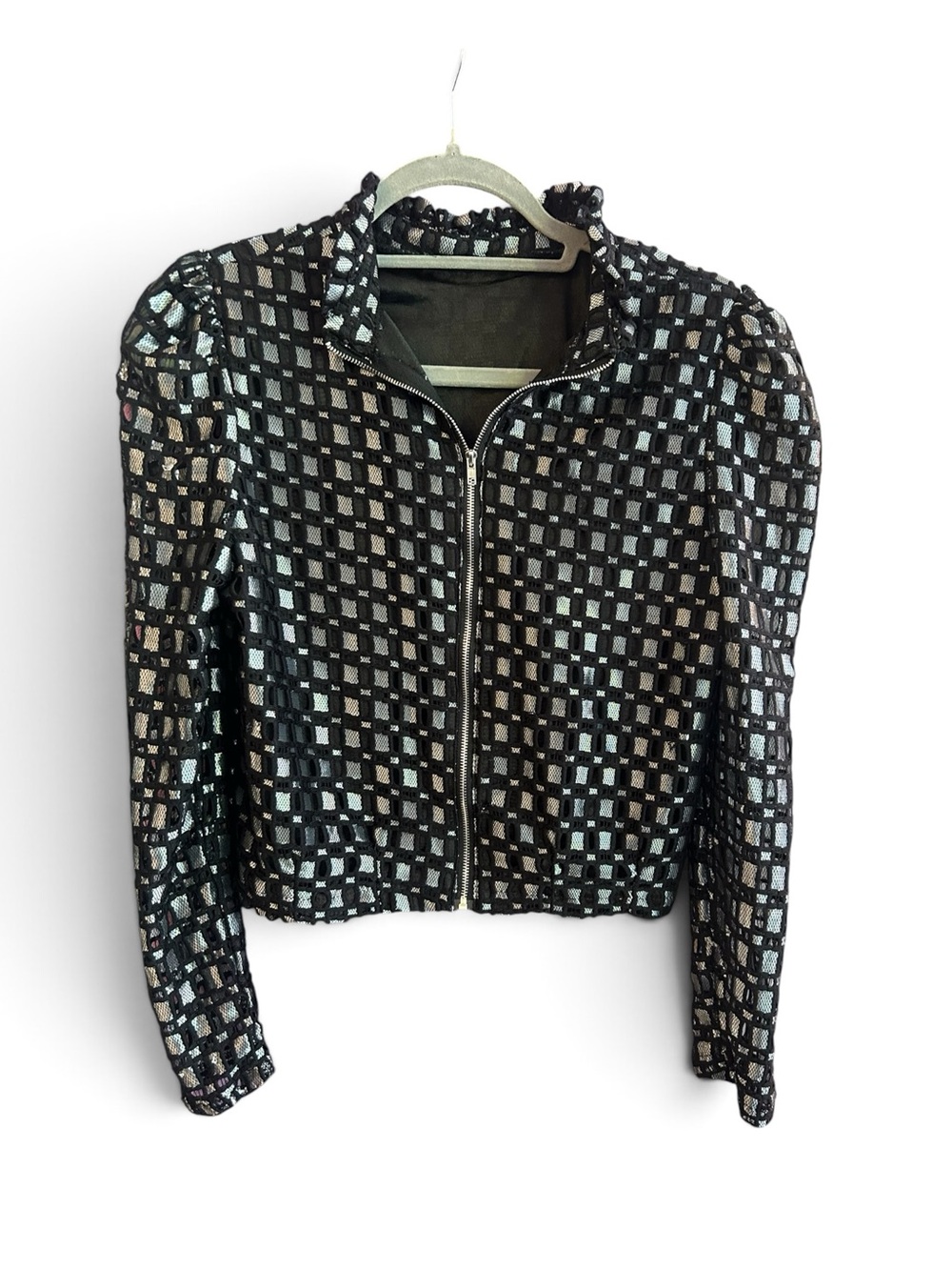 Vintage Y2K Black Metallic Grid Zip-Front Jacket Puff Shoulders Womens L